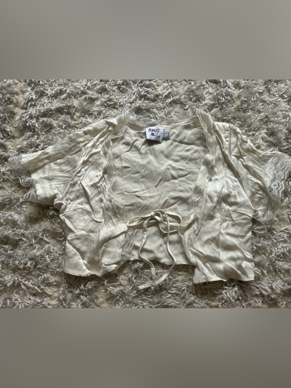 Princess Polly Cream Lace Trim Tie-Front Shrug